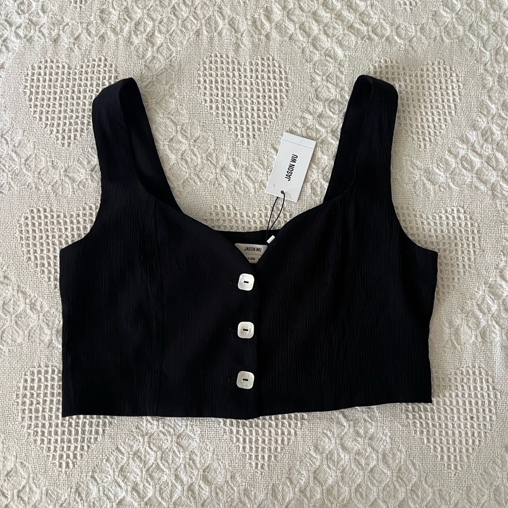 NEW Jason Wu Black Vest Top Abalone Shell Button Front Cropped Sleeveless Medium
